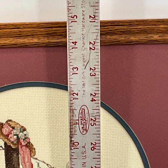 Framed Vintage Cross Stitch Art With Floral Picnic Scene In Wood Frame - Picture 5 of 7